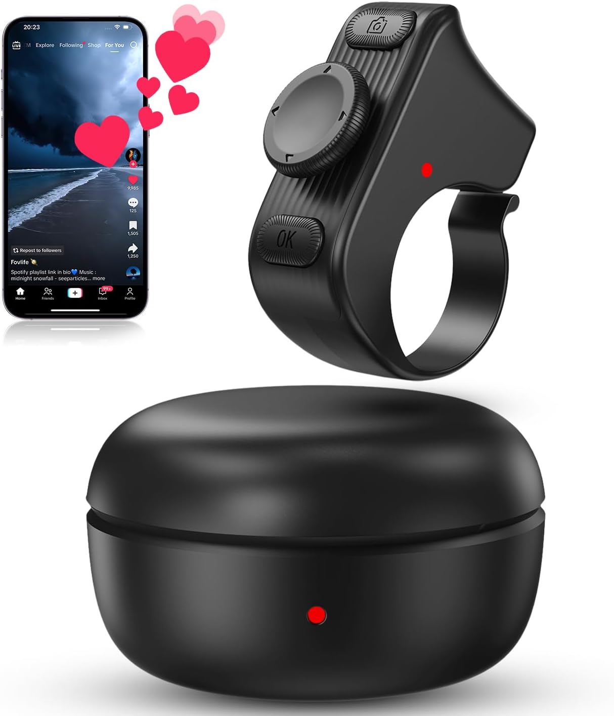 TikTok Scrolling Ring Remote Control, Camera Shutter Remote, Wireless Bluetooth Scrolling Ring for iPhone, iPad, iOS, Android - Black