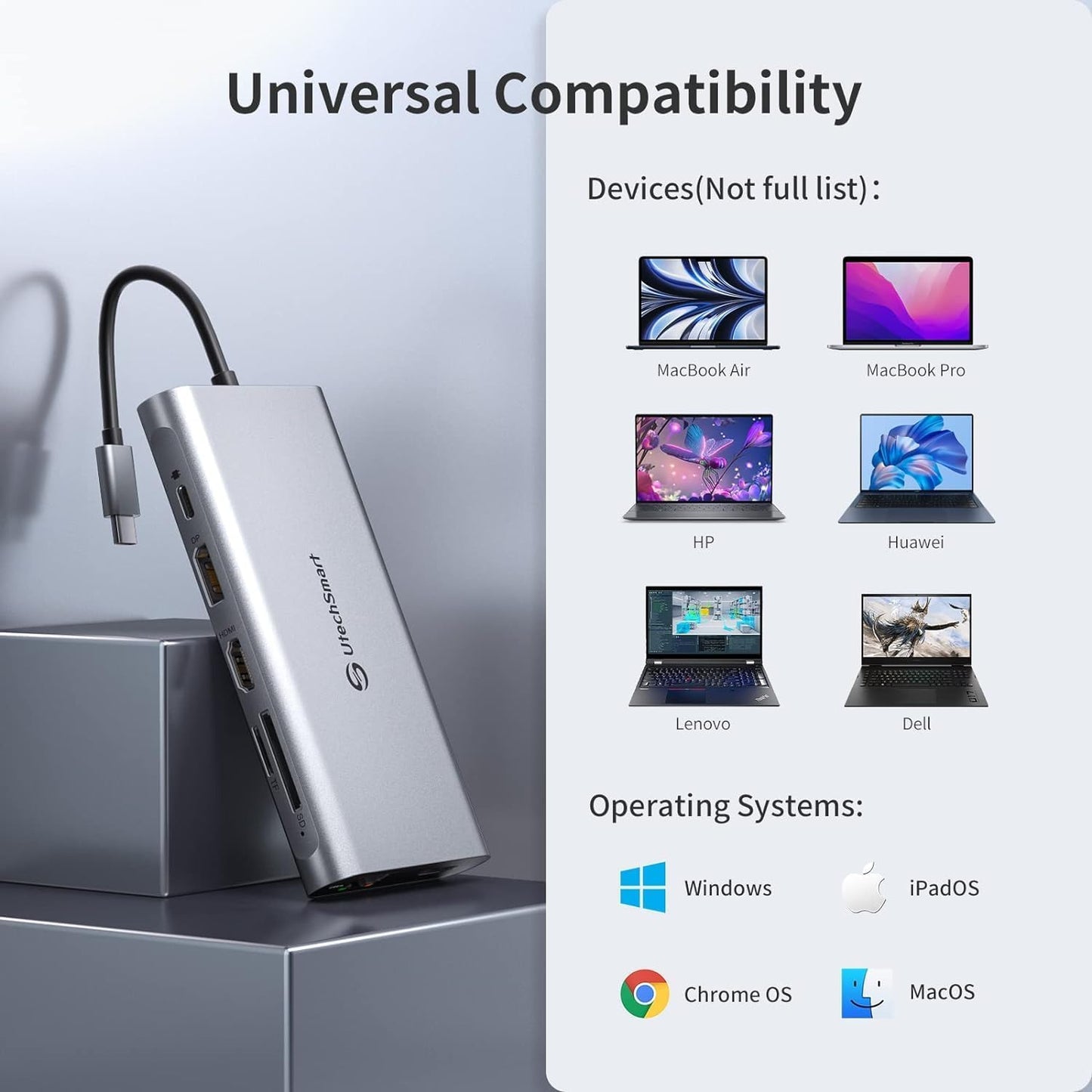 Docking Station, USB C Hub UtechSmart 12 in 1 USB C Dock Triple Display with 2 * 4K@60Hz HDMI, Displayport, 100W PD, 4 USB Ports, RJ45 Ethernet, SD/TF for MacBook, Dell, HP, Lenovo, Huawei