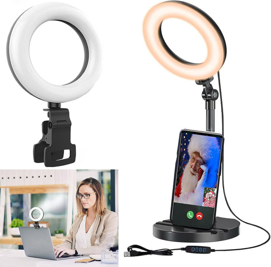 Desk Ring Light with Stand, Amcuke Ring Light with Clip 10W 3000K-6500K Dimmable Travel Desktop Light for Phone Selfie Laptop Zoom Video Makeup Vlog Tiktok Live Streaming