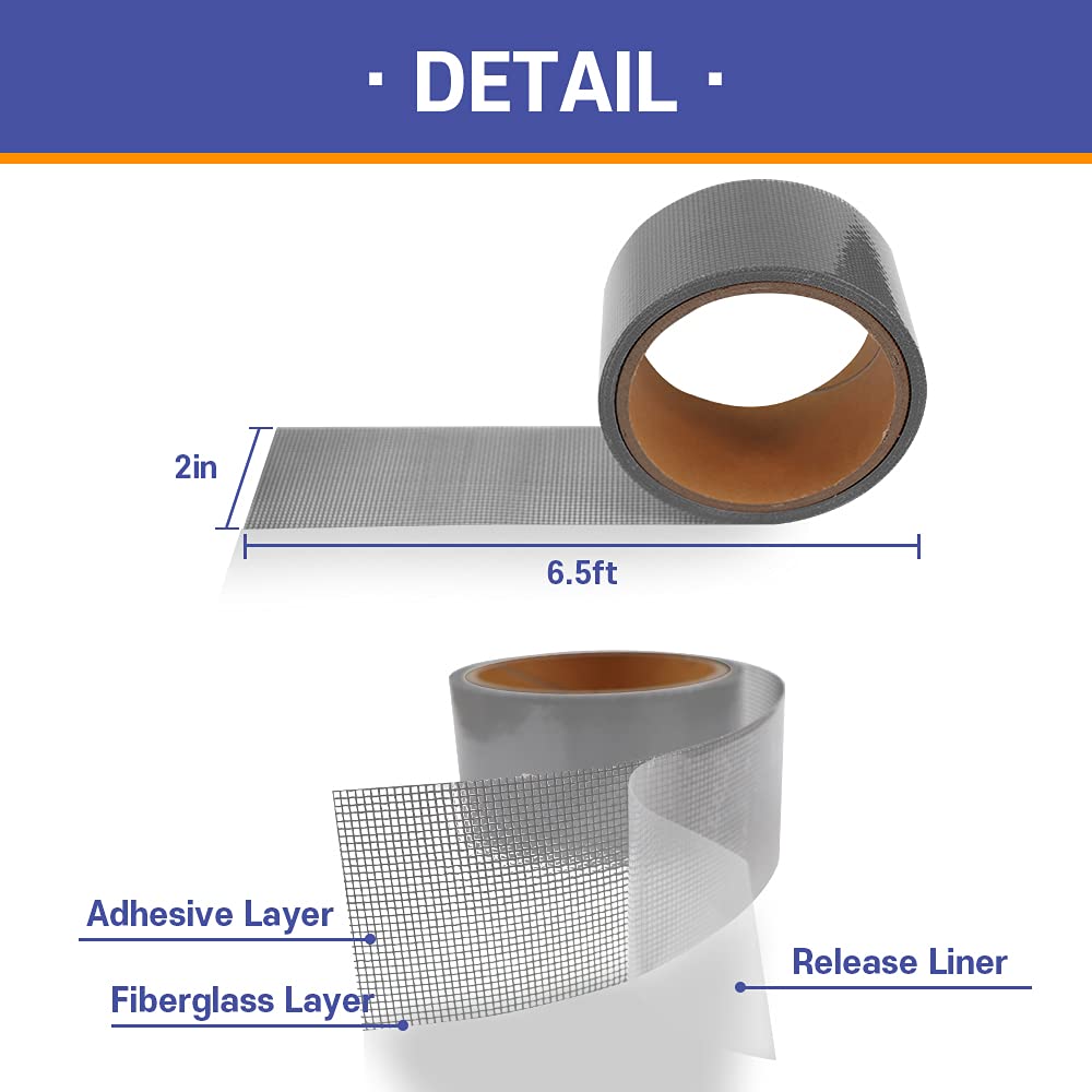 HA SHI Screen Repair Kit for Windows or Doors (2" x 6.5FT, Grey) 3-Layer Strong Adhesive Tape, Made in Korea, Ease-Installation Fiberglass Covering Mesh