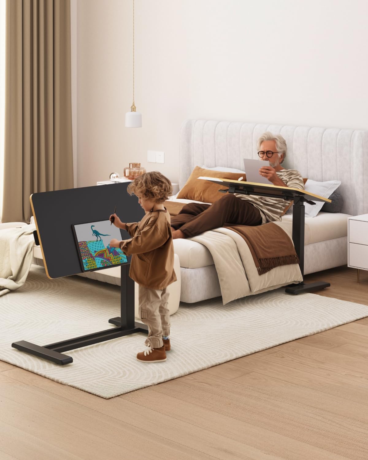 FLEXISPOT H7 PRO Mobile Standing Desk Adjustable Overbed Table Pneumatic with Wheels 90°Tiltable Portable Laptop Desk Rolling Computer Cart Foldable Bedside Table(31.5" W x 17.7" D D, Black)