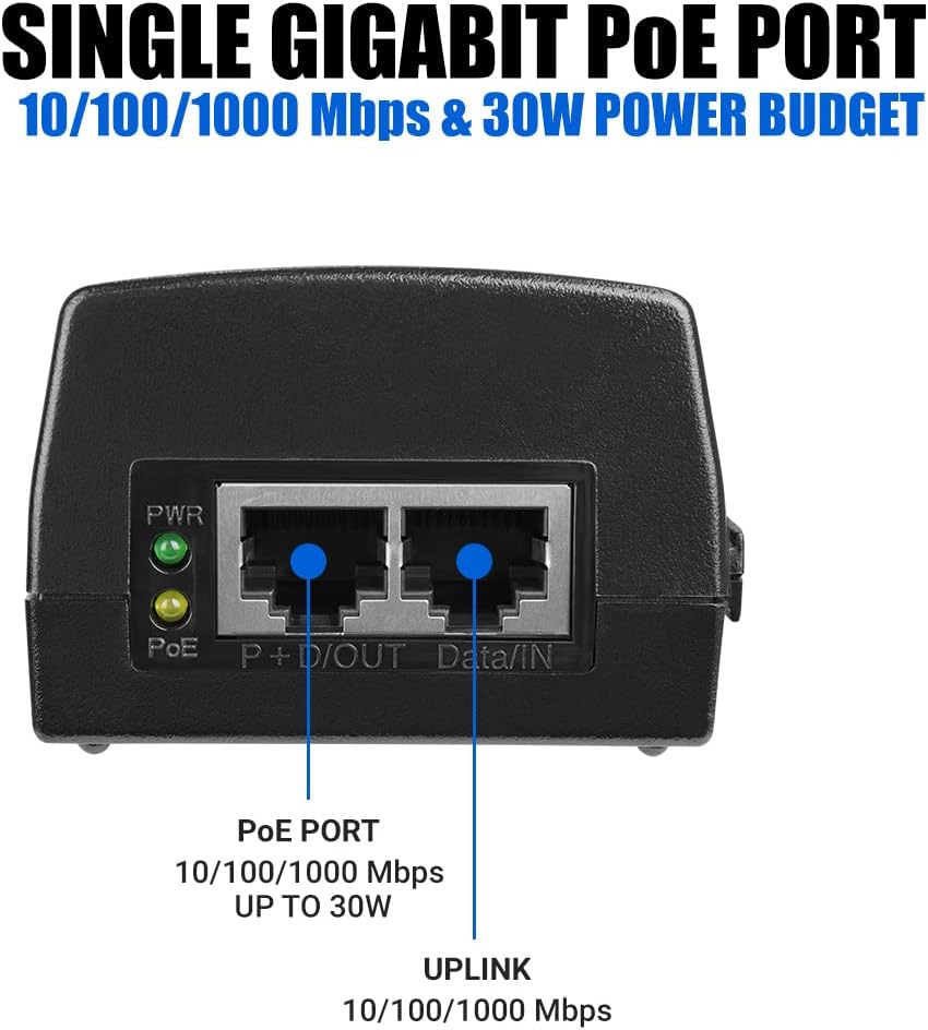 BV-Tech Gigabit Power Over Ethernet PoE+ Injector | 30W | Plug & Play | up to 325 Feet