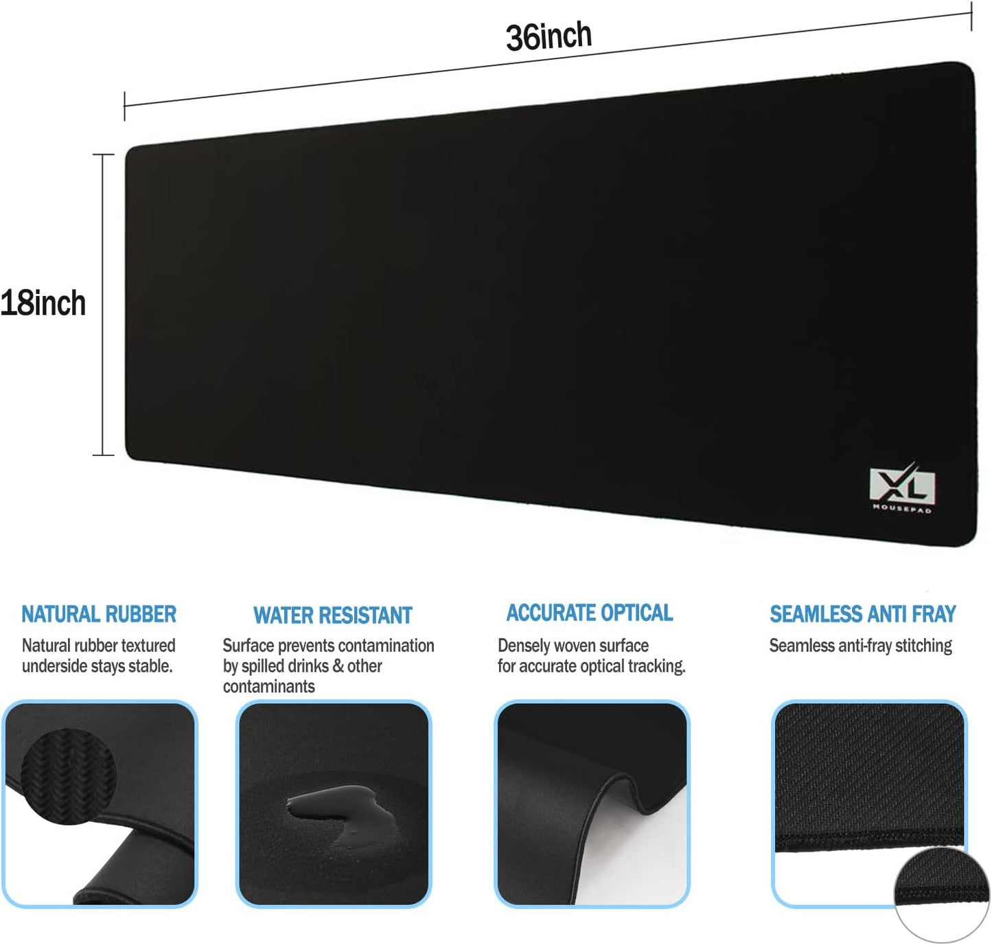 2XL Huge Extra Large Gaming Mousepad for Full Desk - Super Thick Nonslip Rubber Base and Waterproof Desktop Keyboard Extended Mouse Mat (Black, 2XL (36''x18''))