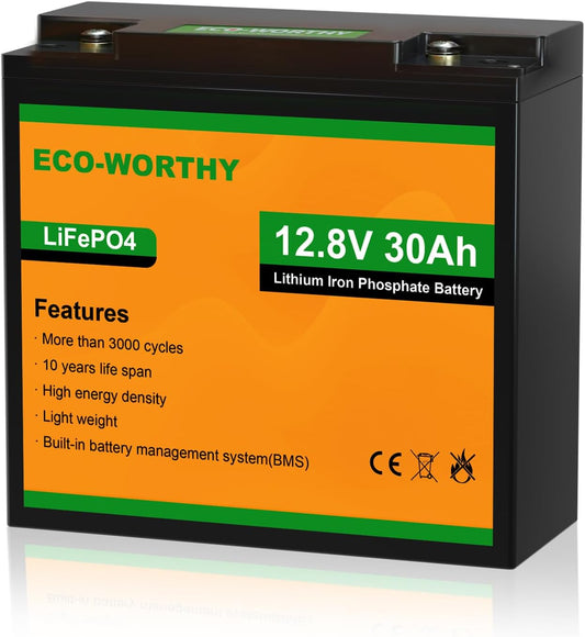 ECO-WORTHY 12V 30Ah LiFePO4 Lithium Battery, 4000+ Deep Cycle Rechargeable Battery with BMS for Ham Radio, Fish Finder, Kids Scooters, Power Wheels, Trolling Motor, Replacement of 12V 35AH SLA
