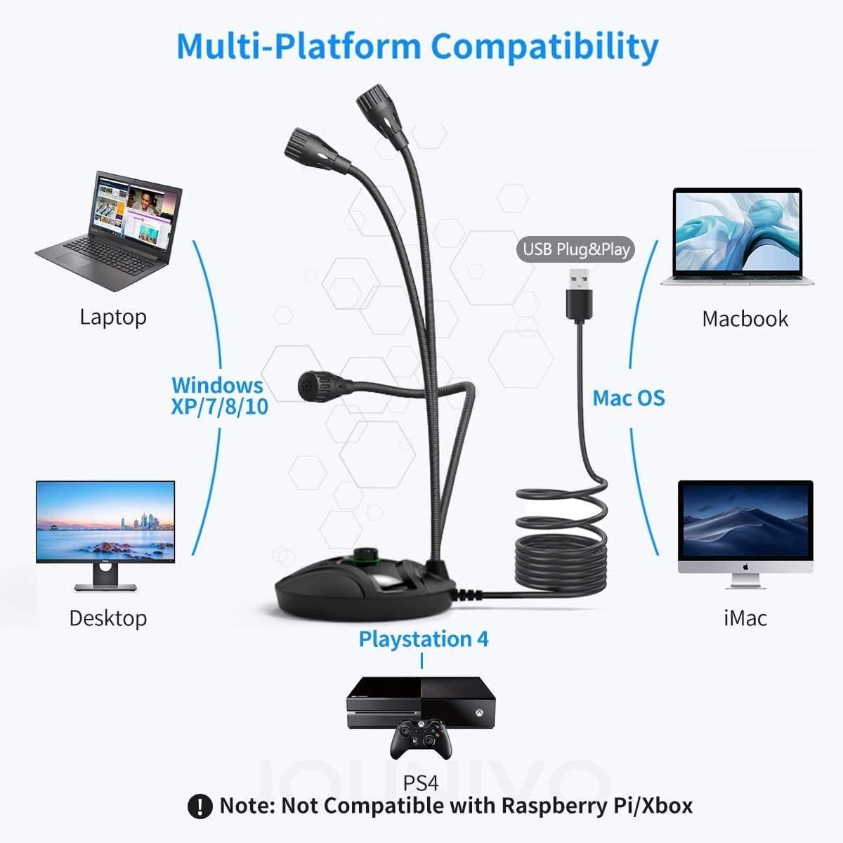 JOUNIVO USB Computer Microphone JV605 PRO with Mute Button & Volume Knob Compatible with PC Laptop Desktop Mac PS4, Play & Plug Gooseneck Mic Recording for Gaming, Streaming, YouTube, Vocal