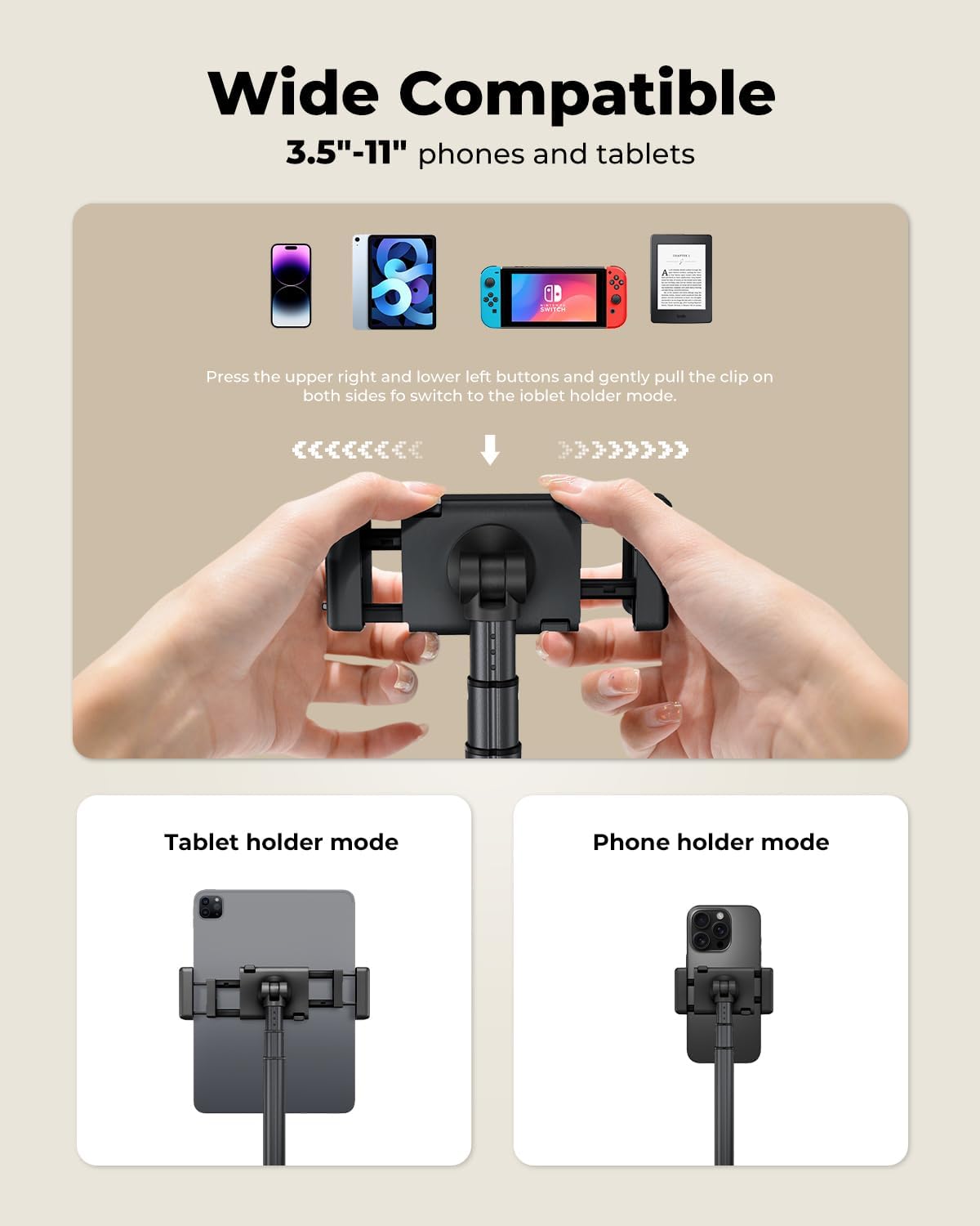 Extended Tablet Floor Stand, 360 Rotating Adjustable iPad Floor Holder with Long Flexible Arm, Compatible with 4-13" Devices, Stand for Bedside, Sofaside, Table, Desk (Black)