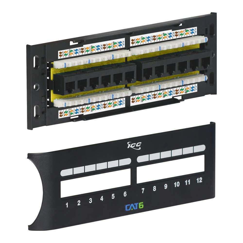 ICC CAT6 Patch Panel, UL Listed & PoE++ Rated Gigabit Applications, Wall Mount 12 Port Network Patch Panel with Front 110 IDC Terminal Blocks and Removable Cover, Black