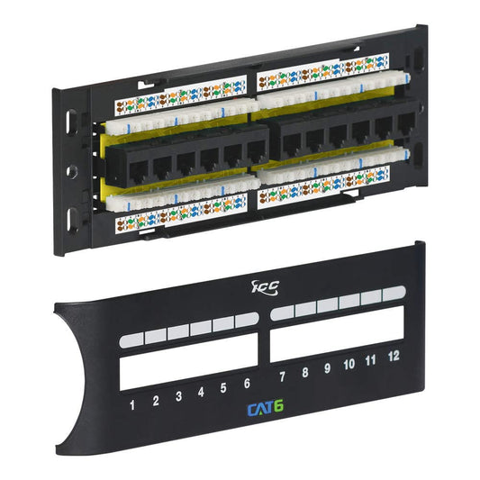 ICC CAT6 Patch Panel, UL Listed & PoE++ Rated Gigabit Applications, Wall Mount 12 Port Network Patch Panel with Front 110 IDC Terminal Blocks and Removable Cover, Black
