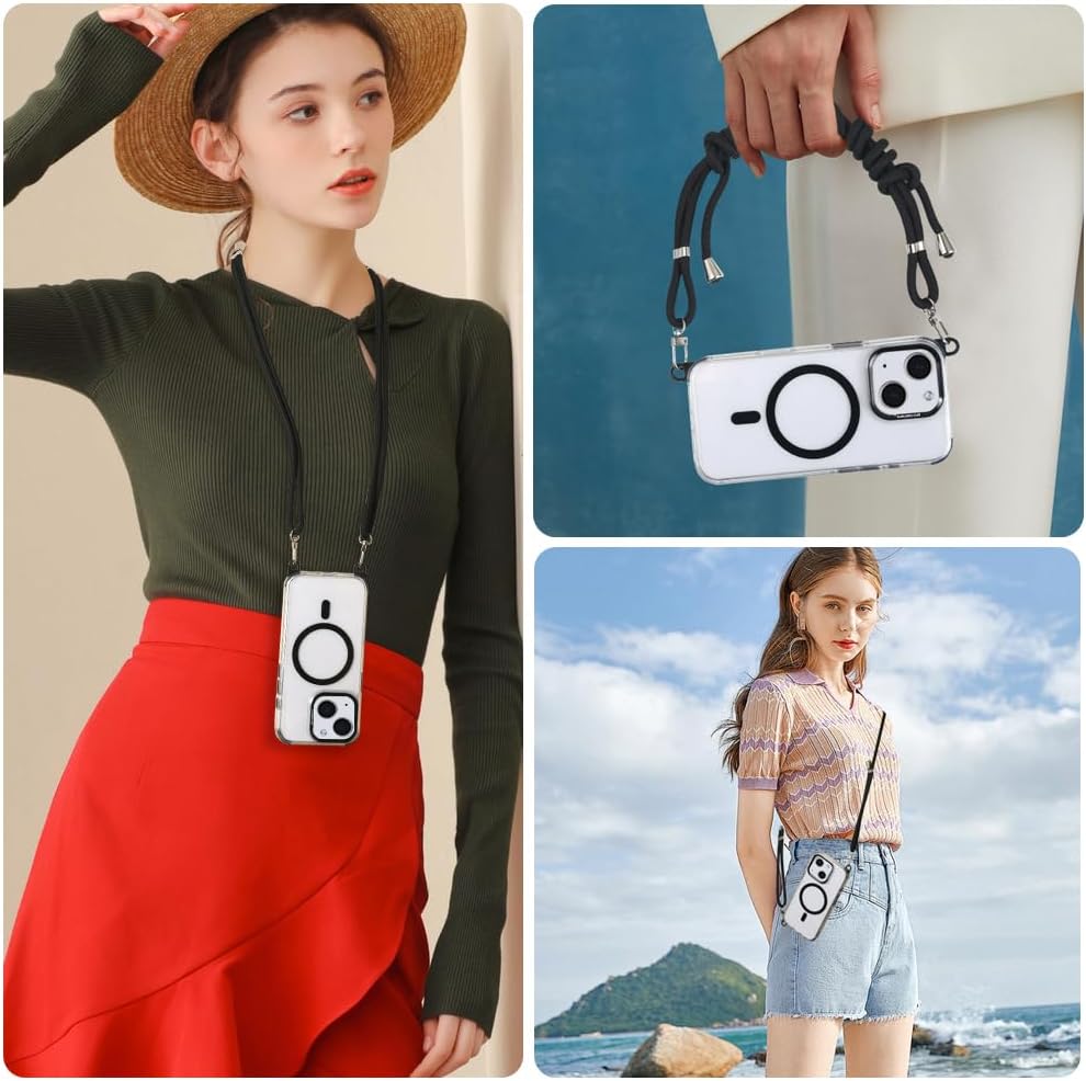 for iPhone 15 Case with 62.99 inch Lanyard, Classic Clear&Black Magnetic Phone Case, Drop&Shockproof Protection Cases, Phone Lanyard for Around The Neck, Compatible with Magnet Accessory
