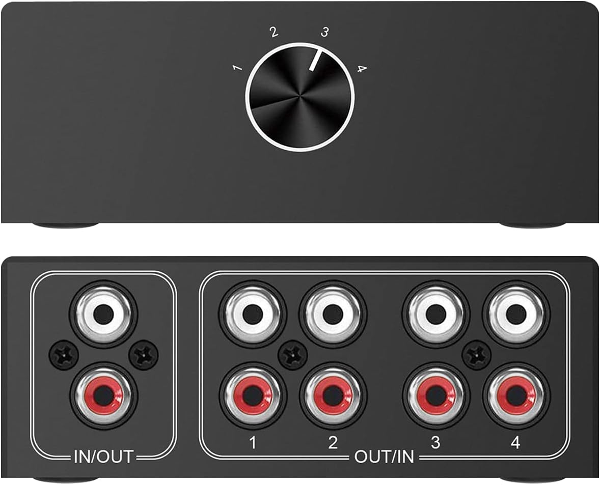 4-Way Stereo L/R Sound Channel Bi-Directional Audio Switcher, 1 in 4 Out or 4 in 1 Out, L/R Sound Channel Audio Switch Splitter RCA Stereo Switch Selector for DVD Stereo Speaker CD Player