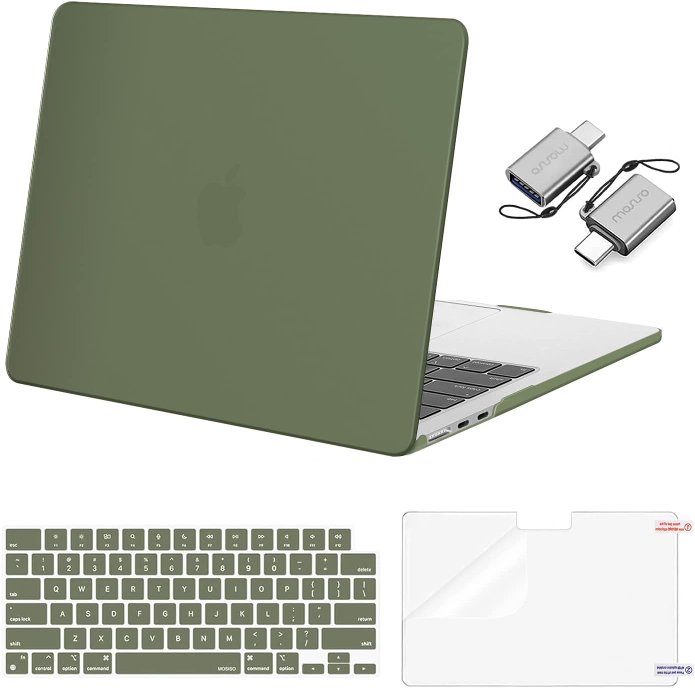 MOSISO Compatible with MacBook Air 13 inch Case 2025 2024 2023 2022 M4 A3240 M3 A3113 M2 A2681, Plastic Hard Shell&Keyboard Cover&Screen Film&Type C for MacBook Air 13.6 inch Case, Army Green