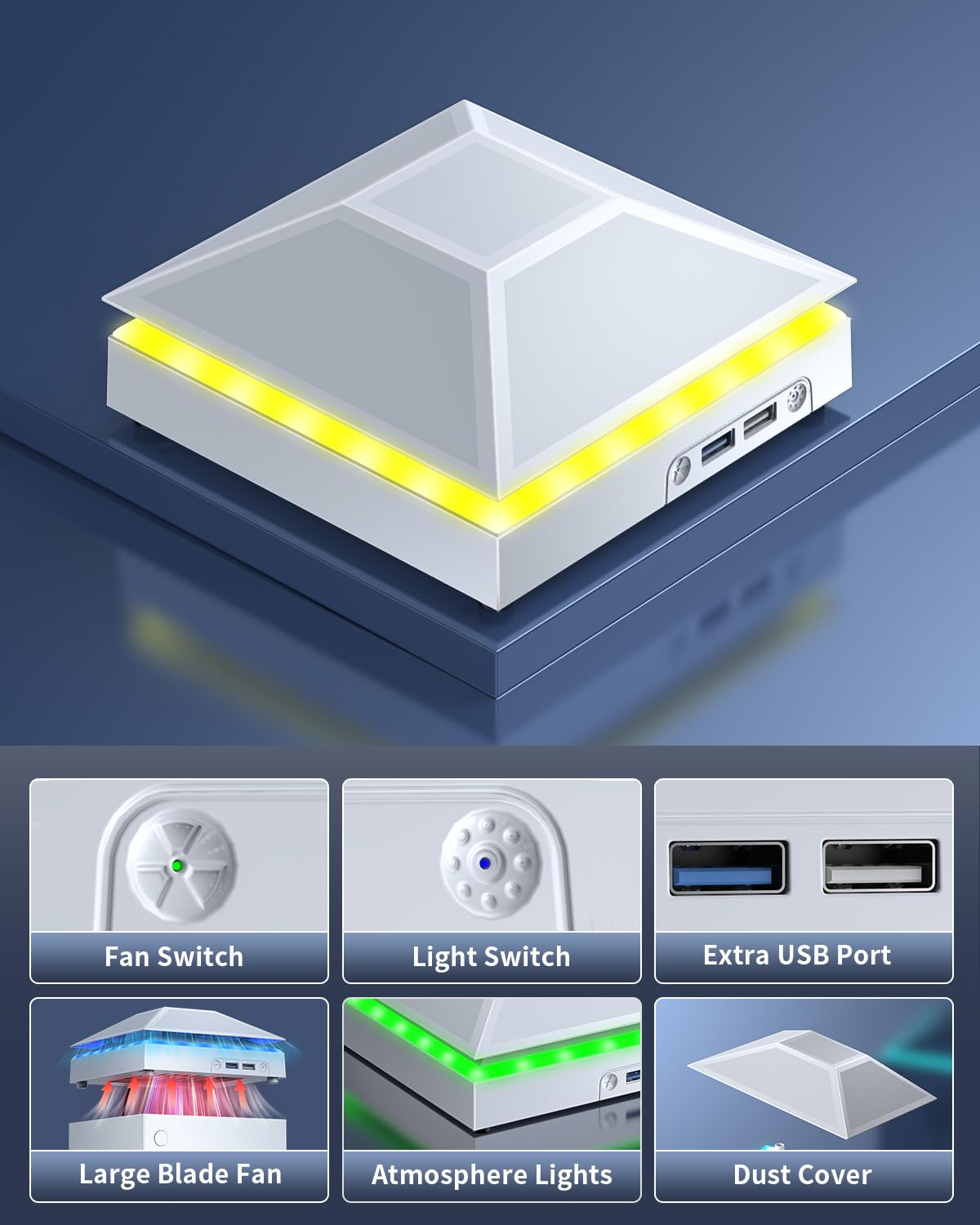 Cooling Fan Dust Proof for Xbox Series X Console with Colorful Light Strip,Dust Cover Filter,Rubber Dust Plugs,Low Noise Top Fan with 3 Gears,Cooler&Light Independent Touch Switch, 2 USB Port (White)