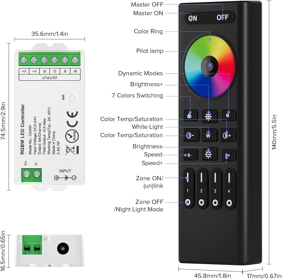 BTF-LIGHTING 2.4GHz Wireless RF Remote RC03RFB &2PCS C04RF Tuya Controller Kit 4 Zones Group Control 5050SMD FCOB COB PWM RGBW (+ R G B W) 5pin LED Strip DC5V DC12V DC24V