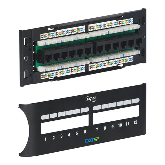 ICC CAT5e Patch Panel, UL Listed & PoE++ Rated Gigabit Applications, Wall Mount 12 Port Network Patch Panel with Front 110 IDC Terminal Blocks and Removable Cover, Black