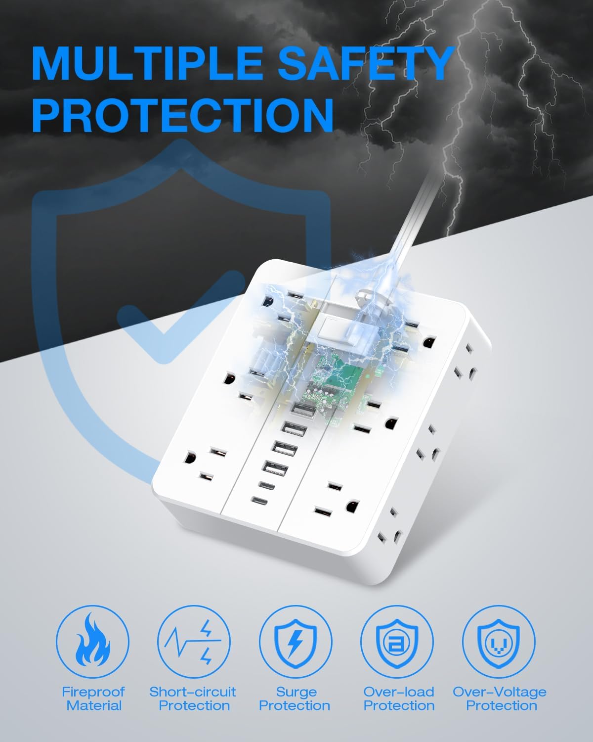 Flat Plug Power Strip Surge Protector, Flat Extension Cord Indoor 20 Feet， HUNIAN 12 Widely Spaced Outlets with 6 USB (2 USB C Ports), Desk Charging Station for Home Office Supplies, White