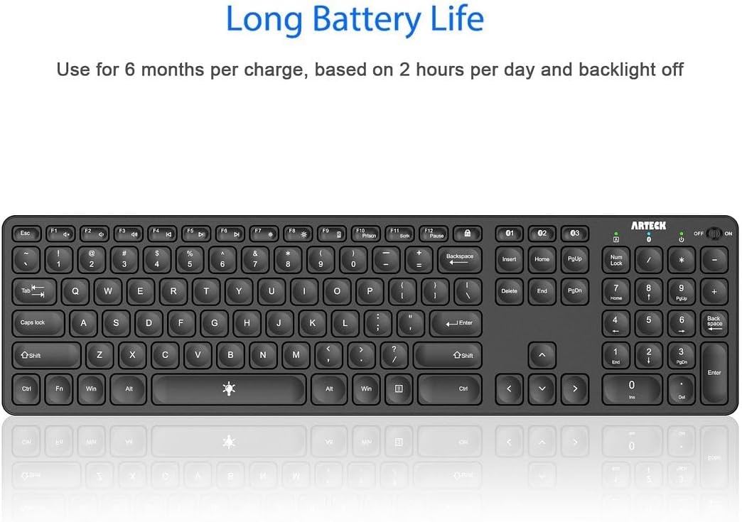 Arteck Universal Backlit 7-Colors & Adjustable Brightness Multi-Device Full Size Wireless Bluetooth Keyboard for Windows, iOS, iPad OS, Android, Computer Desktop Laptop Surface Tablet Smartphone
