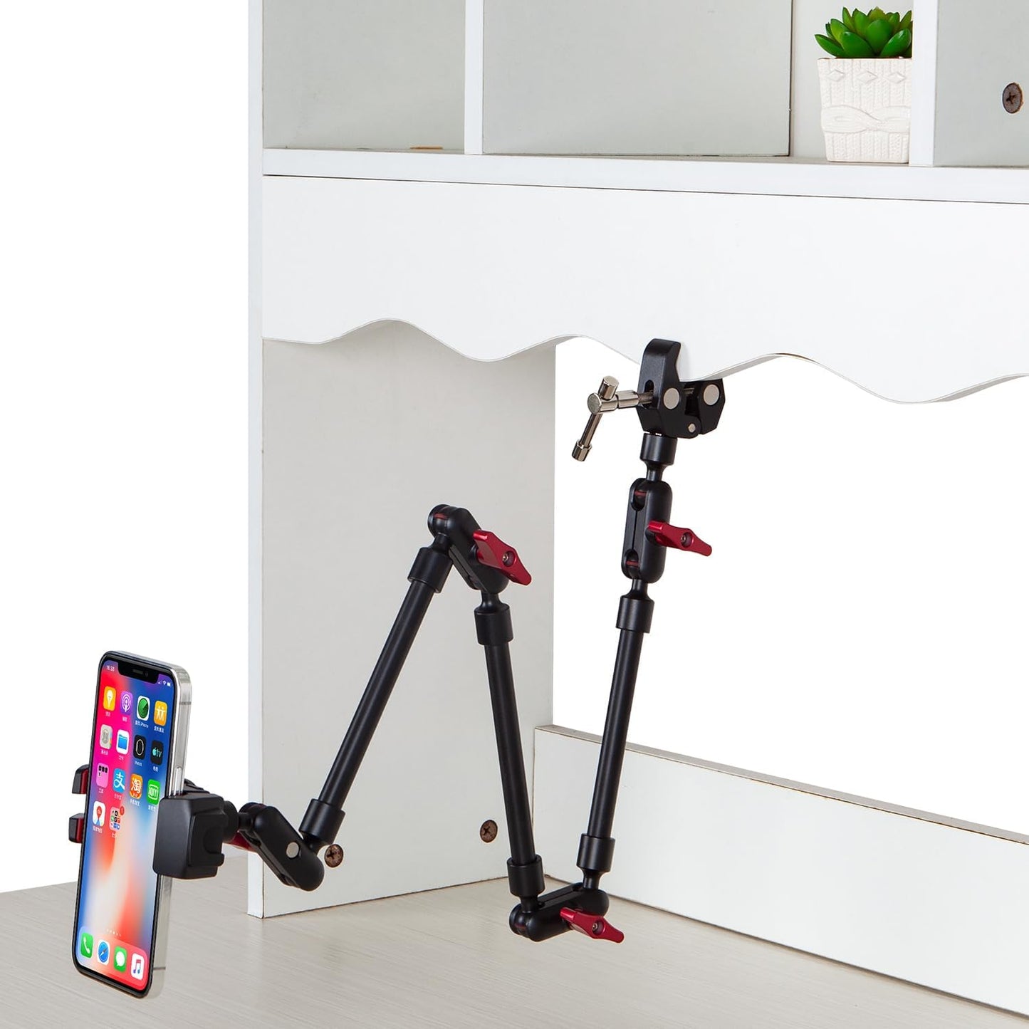 Adjustable Articulating Magic Arm with Clamp and Phone Holder Clip for Desk Mount, Desk Stand, Cell Phone Tripod