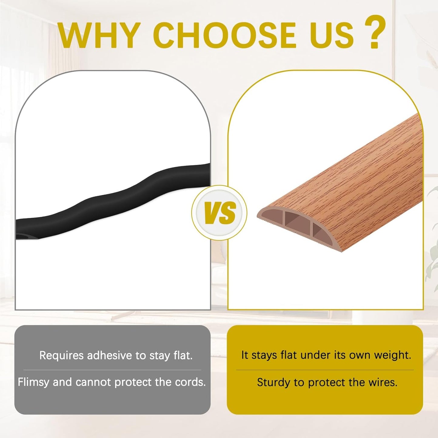 Floor Cord Cover 3.3FT Cord Covers for Wires on Floor Protect Wires & Prevent Trip Hazards, Easy to Cut for Home, Office, School, Concerts, Cavity W0.6in x H0.32in