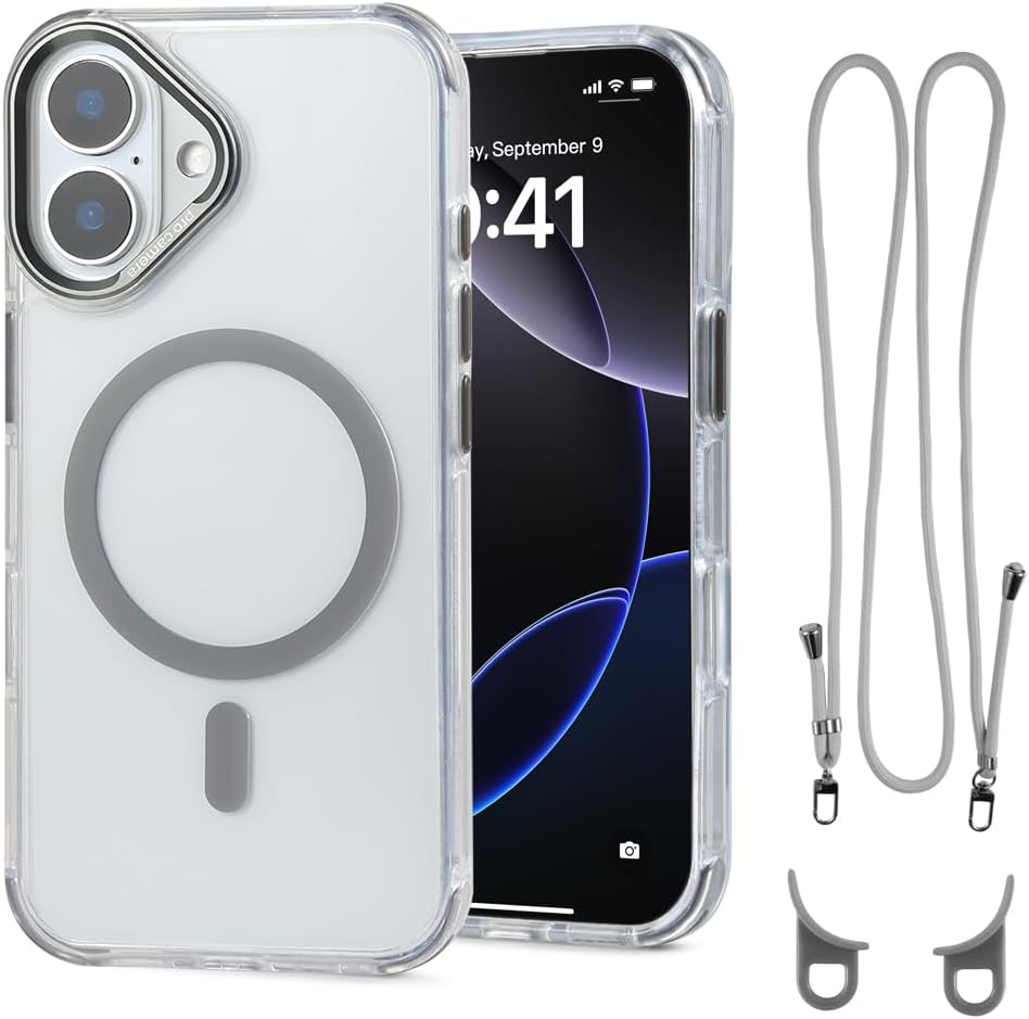 for iPhone 16 Case with 62.99 inch Lanyard, Classic Clear&Gray Magnetic Phone Case, Drop&Shockproof Protection Cases, Phone Lanyard for Around The Neck, Compatible with Magnet Accessory