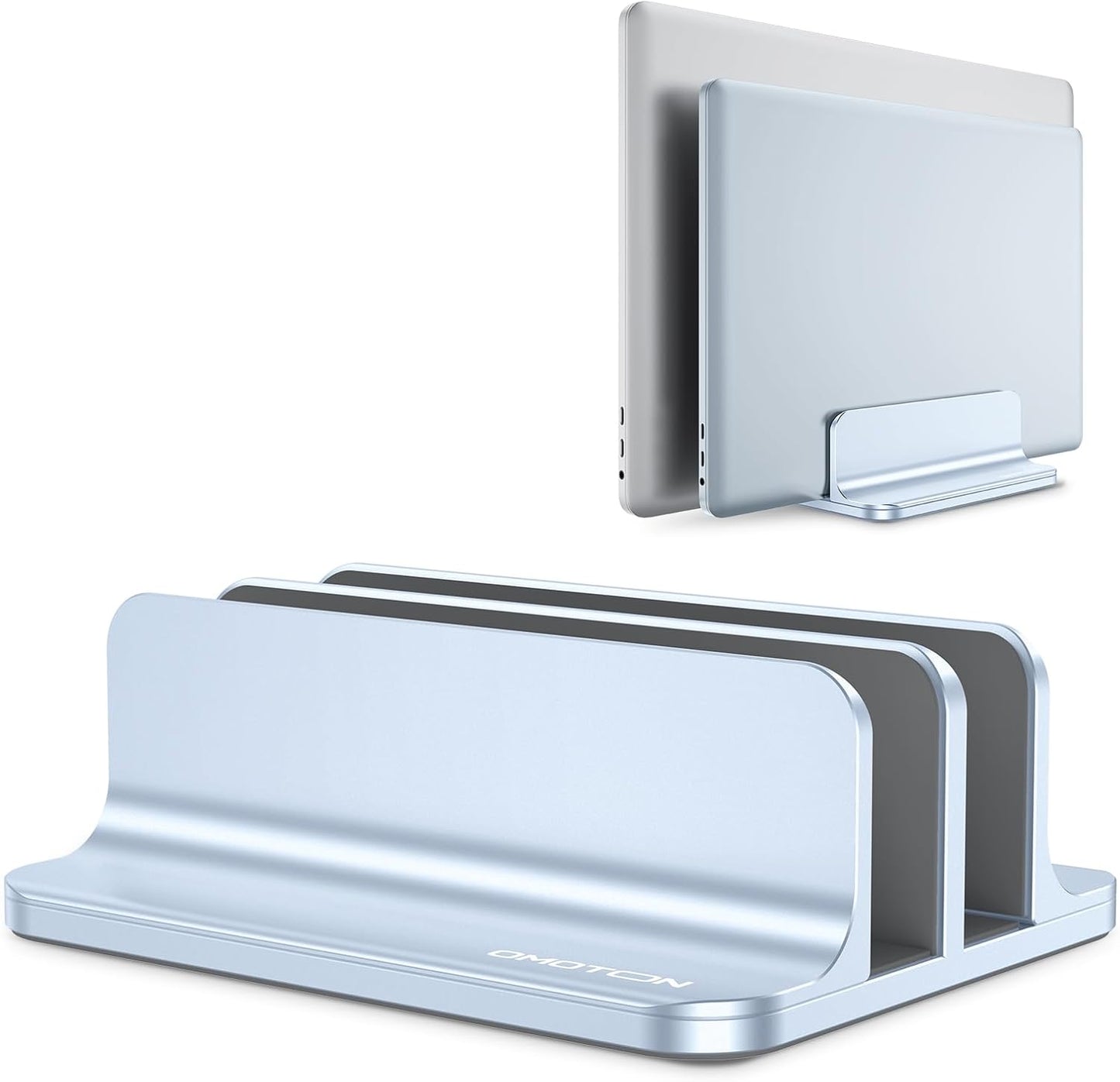 OMOTON [Updated Dock Version Vertical Laptop Stand, Double Desktop Stand Holder with Adjustable Dock (Up to 17.3 inch), Fits All MacBook/Surface/Samsung/HP/Dell/Chrome Book (Sky Blue)