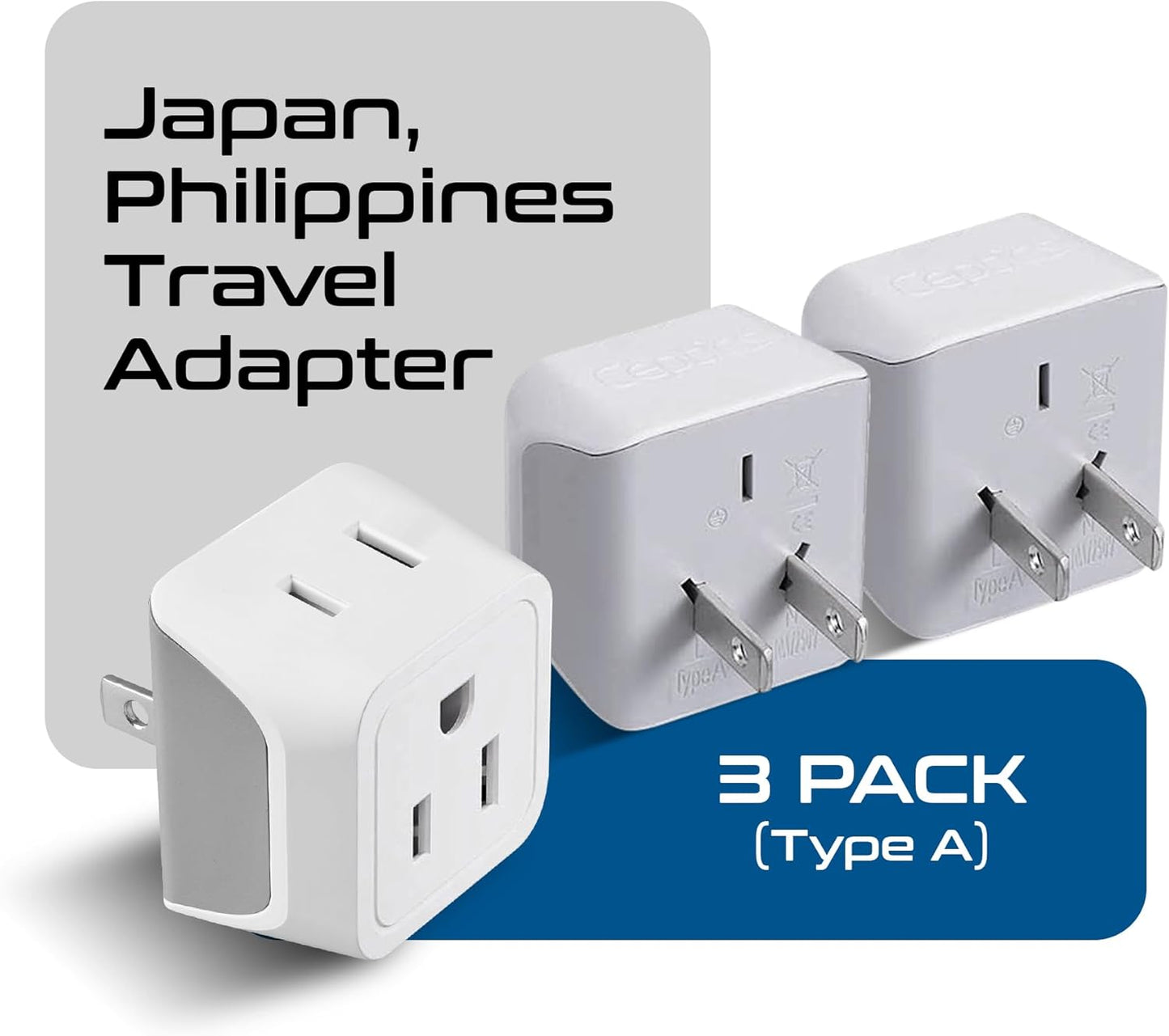 Japan, Philippines Travel Adapter Plug by Ceptics - USA 3 Pin Polarized to 2 Prong Unpolarized - Type A (3 Pack) - Dual Inputs - Ultra Compact - Perfect for Cell Phones, Tablet, Camera Chargers (CT-6)