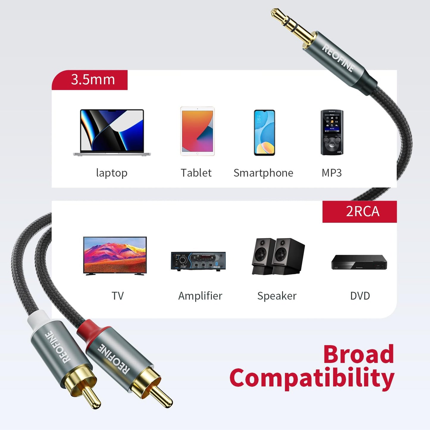 3.5mm to RCA Cable (3Feet/1M),3.5 mm 1/8 to RCA 2-Male Headphone Jack Adapter HiFi Sound Splitter Auxiliary Cord for Smartphone,MP3 Players,Laptops,Tablet,Speaker