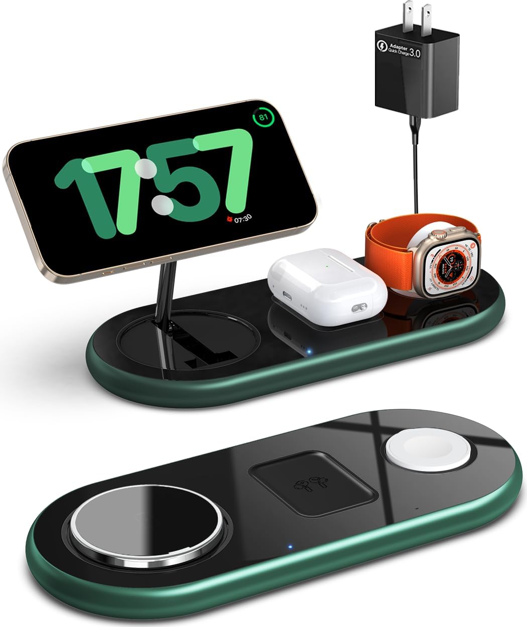 2025 Upgraded 3 in 1 Charging Station for Apple Devices, Fast Magnetic Mag-Safe Wireless Charger Stand for iPhone 16/15/14/13/12 Series & Apple Watch 1-9/Ultra & AirPods Pro (Forest Green)