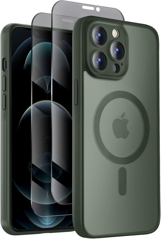 Designed for iPhone 12 Pro Max Case, Compatible with MagSafe, with Privacy Screen Protectors X2, [Camera Protection] [15FT Military Drop Protection] Shockproof Phone Case, 6.7", Alpine Green
