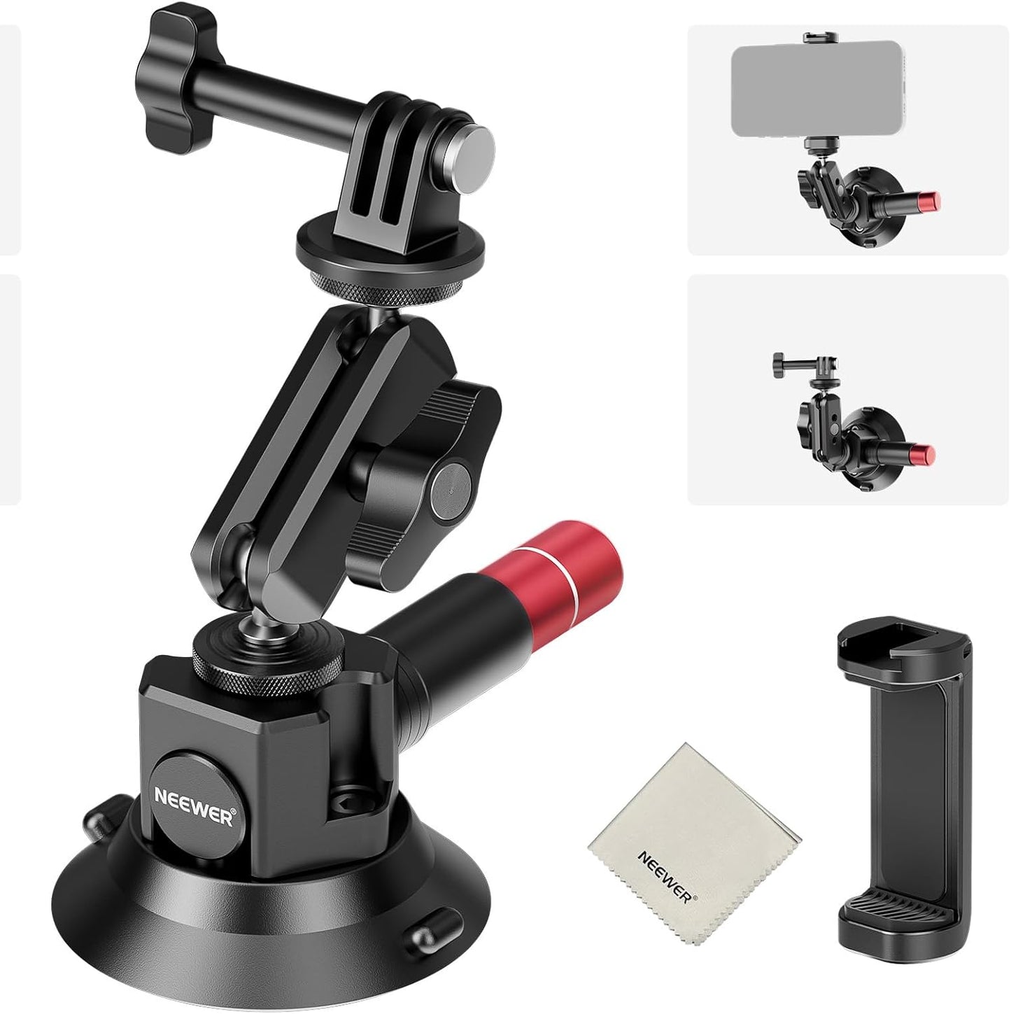 NEEWER 3" Suction Cup Mount with Phone Holder Action Camera Adapter Compatible with iPhone GoPro DJI Insta360, Ball Head Magic Arm Cleaning Cloth Quick Release Car Mount for POV Video Recording, CA104