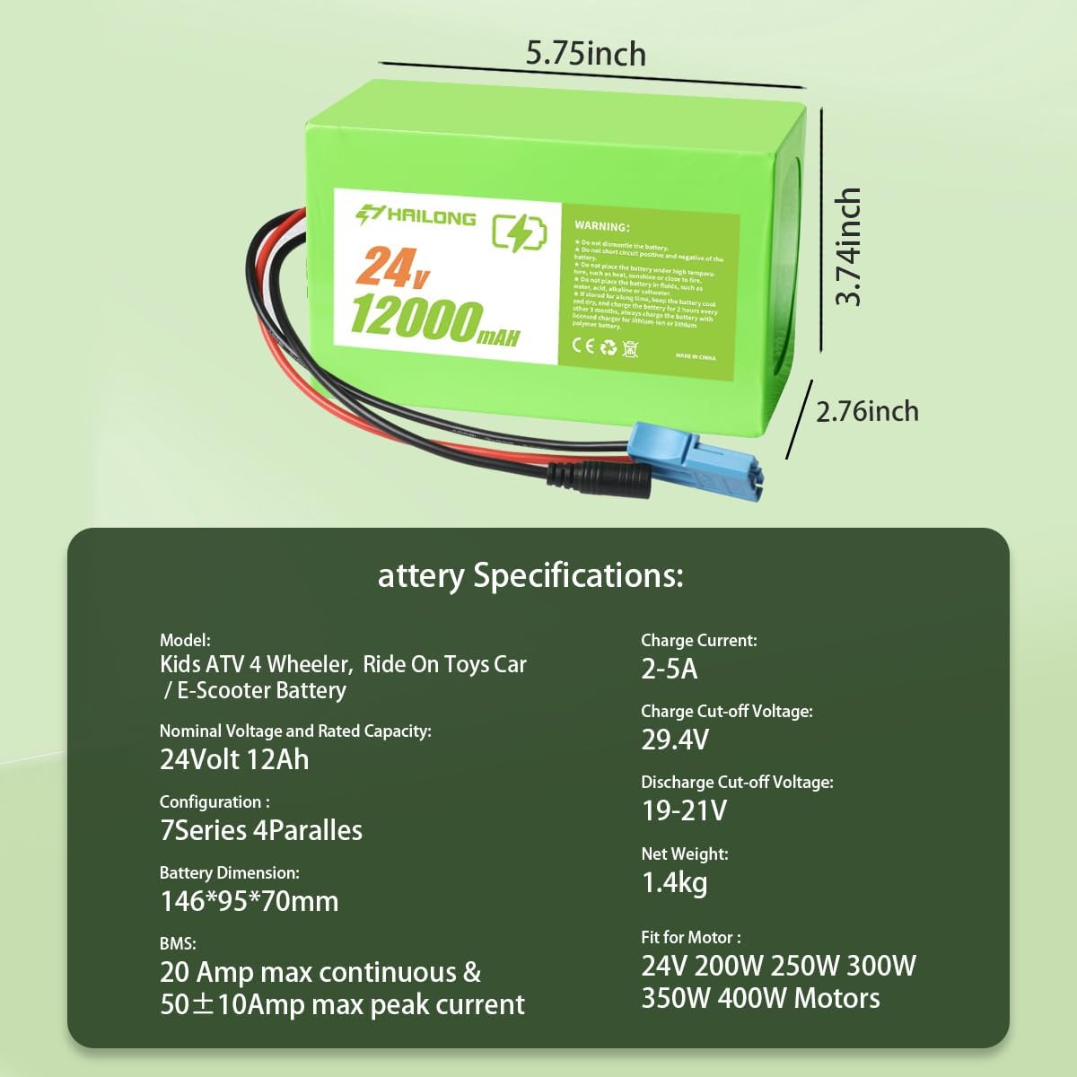 24V 12Ah Battery for Kids Ride-On Toys Compatible with Power Wheels & UTVs | Lightweight Replacement with 2A Charger | 7S4P 29.4V (24V12Ah)