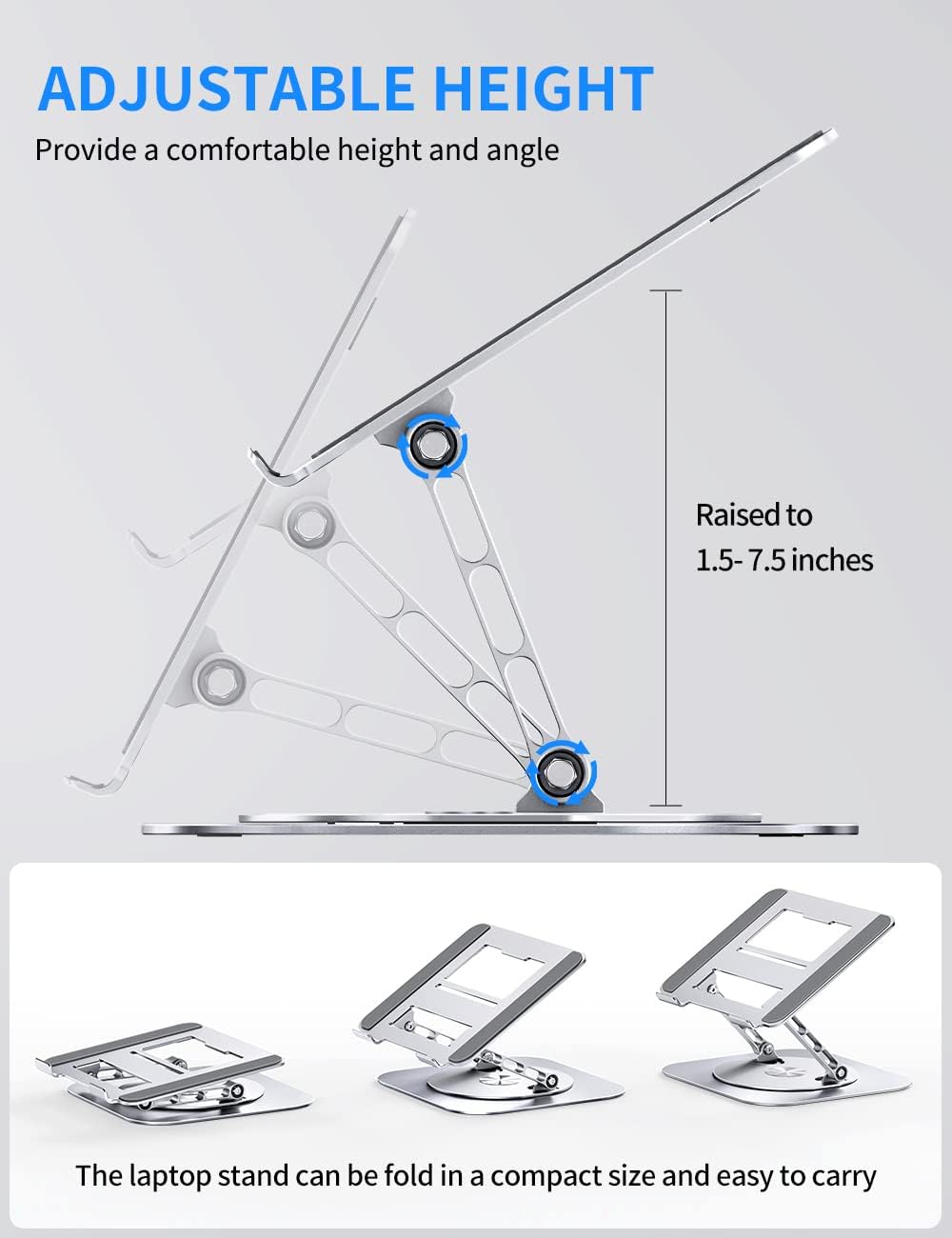 Adjustable Computer Stand with 360 Rotating Base, Ergonimic Foldable Laptop Riser for Desk Compatible with MacBook Pro/Air Notebook up to 16 Inches, Silver