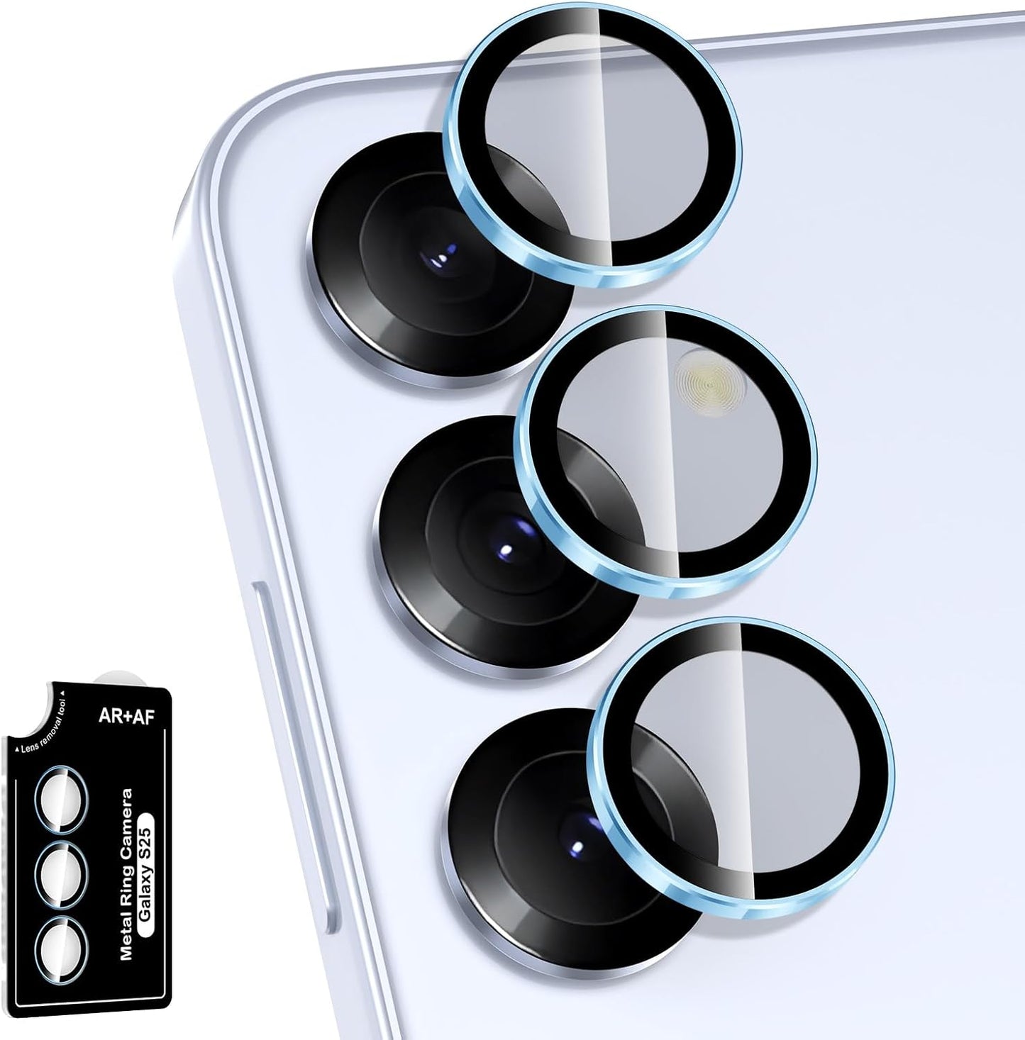 for Samsung Galaxy S25 Camera Lens Protector, Individual Metal Ring Tempered Glass Lens Cover, [Strong Adsorption] Scratch Resistant Ultra-Thin HD Clear Lens Cover, 1 Set-Blue Ring