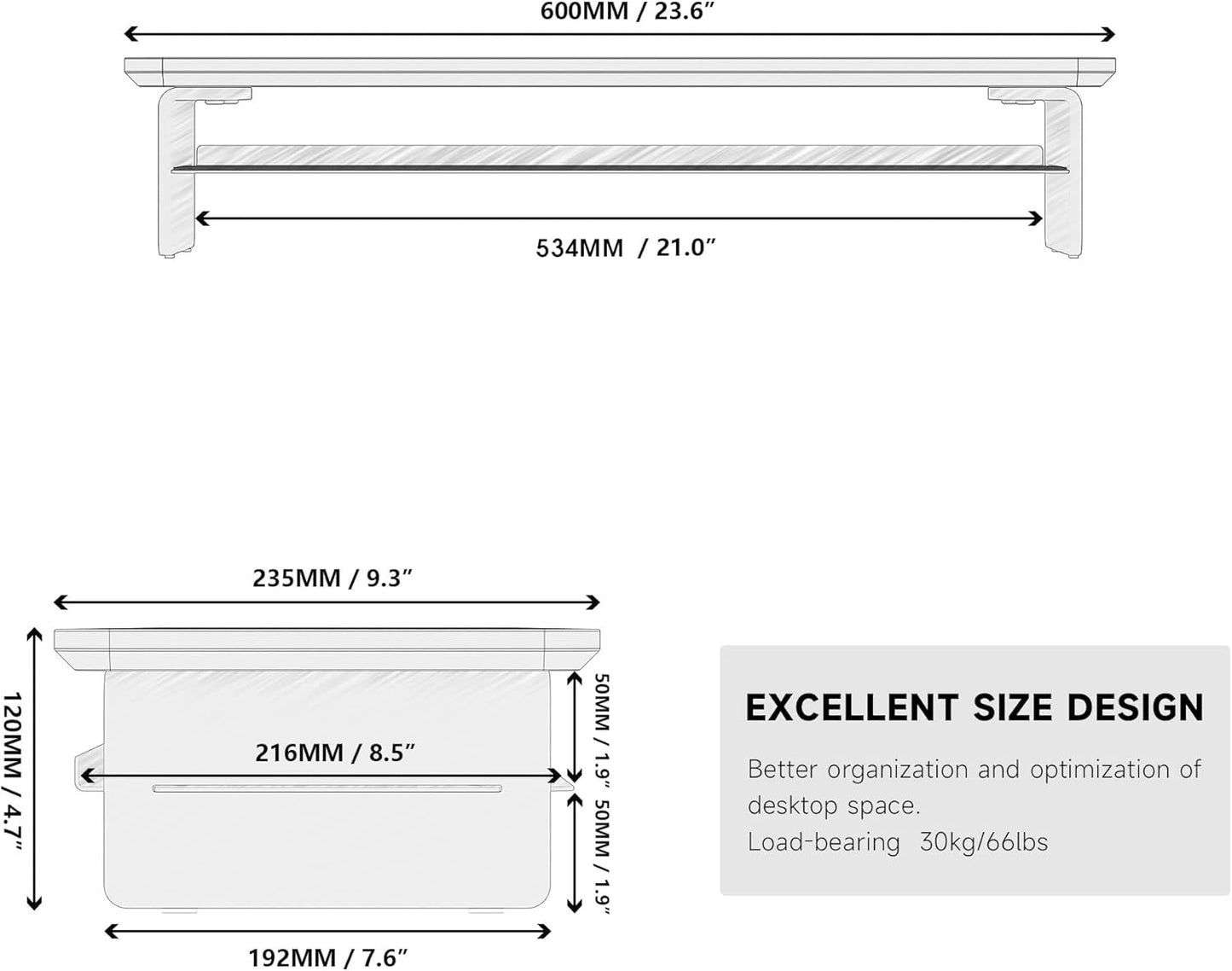 Fenge Acrylic Monitor Stand Riser, 23.6 Inches Monitor Stand with Metal Storage, 2 Tier Acrylic Computer Riser for Desk, Clear Laptop Stand for PC, Laptop, Printer, TV, White