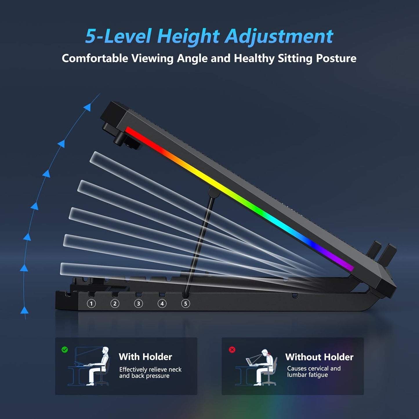 Laptop Cooling Pad with 12 Quiet Fans, Slim Portable for 12-17.3 Inch Laptop Cooler Stand with 5 Height Adjustable, Ergonomic Gaming Cooling Fan Pad with Two USB Ports & Phone Holder (Gear)