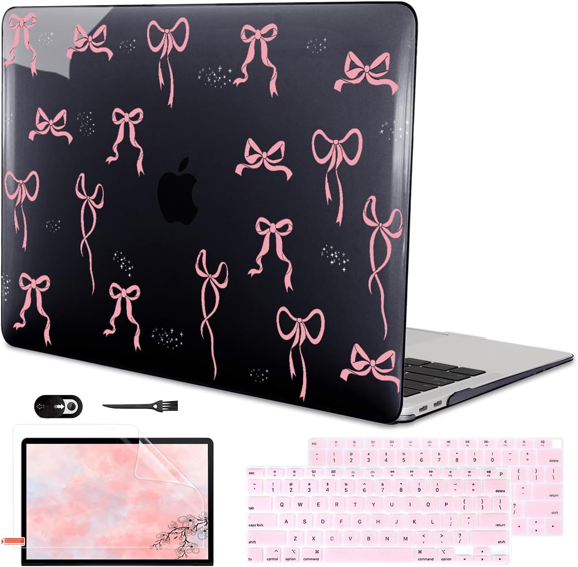 for MacBook Air 13 inch Case 2021 2020 2019 2018 Release M1 A2337 A2179 A1932, Pritned Pattern Plastic Hard Case Cover for MacBook Air 13 M1 with Retina Display Touch ID, Pink Bowknot Black