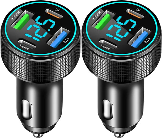 2 Packs of 66W USB C Car Charger 4 Port Car Charger Adapter with 30W PD, 3.1A Aluminium Alloy Car Cigarette Lighter USB Charger with LED Voltmeter Compatible with Phone 15 14 13