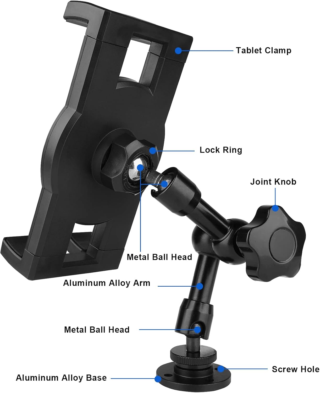 Heavy Duty Drill Base iPad Mount, Tablet Holder for Truck/Car/Boat/Wall/Desk/Vehicle Dashboard,360° Adjustable Aluminum Alloy Arm Mount Compatible with 7~12.9" iPad/Nexus/Fire HD/e-Book/Switch