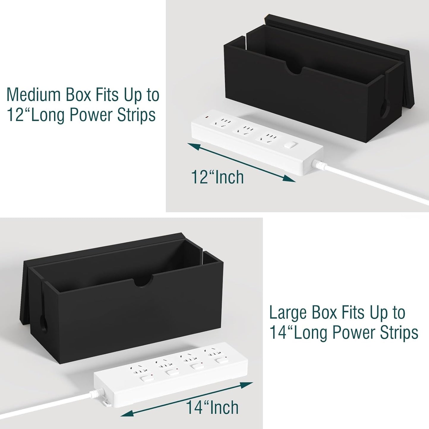 Bamboo Cable Management Box, Large Cord Organizer Box Cable Box to Hide Wires & Power Strips for Desktop Storage Cord Holder for Office Home,No Assembley Required (All Black, 2 Packs(M+L))