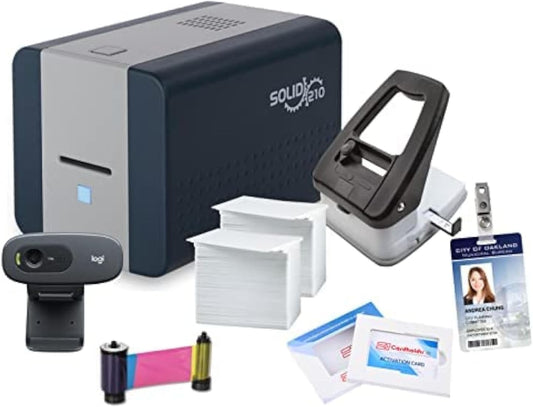 Easy Badges Solid 210 ID Badge Printer | with Standard Edition Software (Adds Excel Database & QR Codes), & Everything Needed to Print 400 ID Cards | Single Sided Employee ID Printer