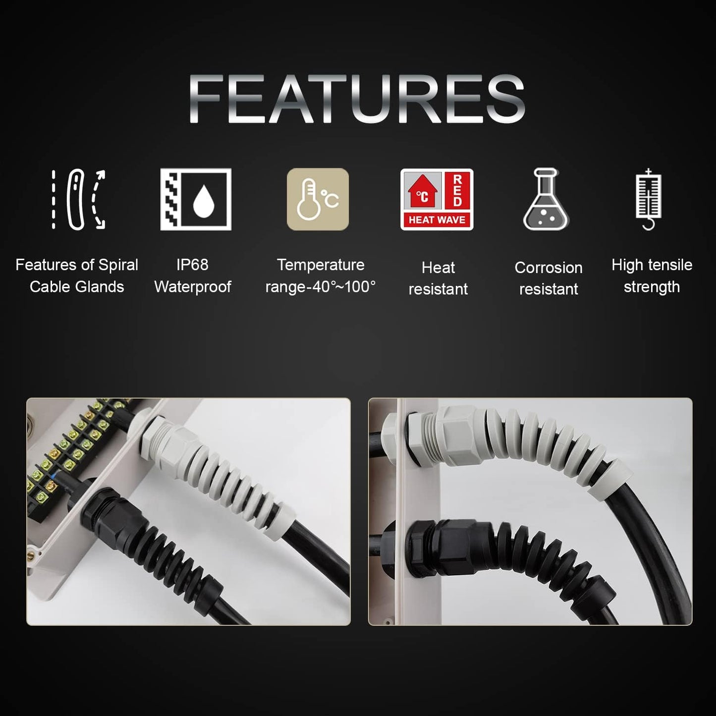 LeMotech 20Pcs NPT 1/2" IP68 Waterproof Cable Gland Flex Spiral Strain Relief Black Nylon Joint with Gaskets for 6-12mm Wire Thread