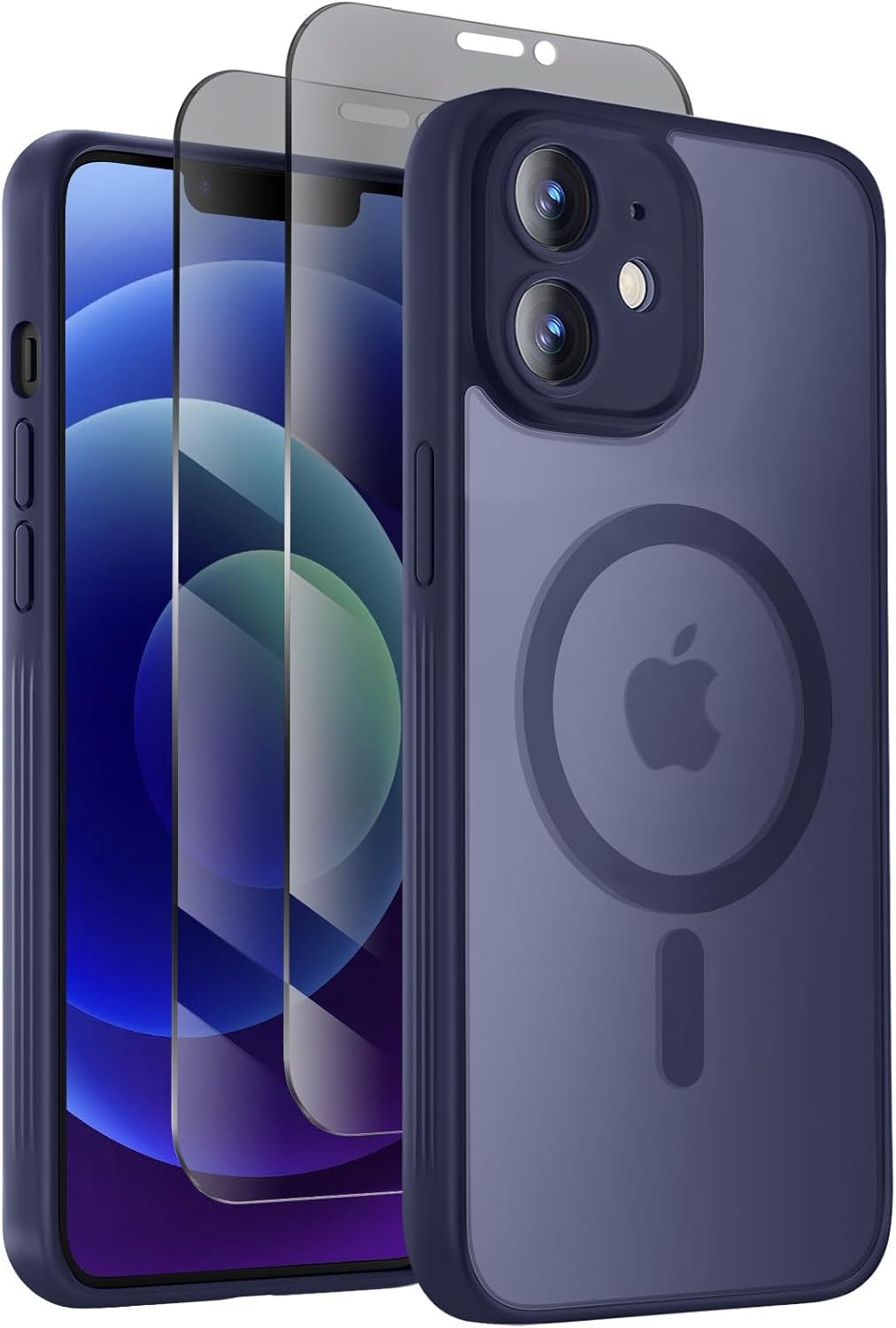 Designed for iPhone 12 Case, Compatible with MagSafe, with Privacy Screen Protectors X2, [Camera Protection] [15FT Military Drop Protection] Shockproof Phone Case, 6.1", Navy Blue