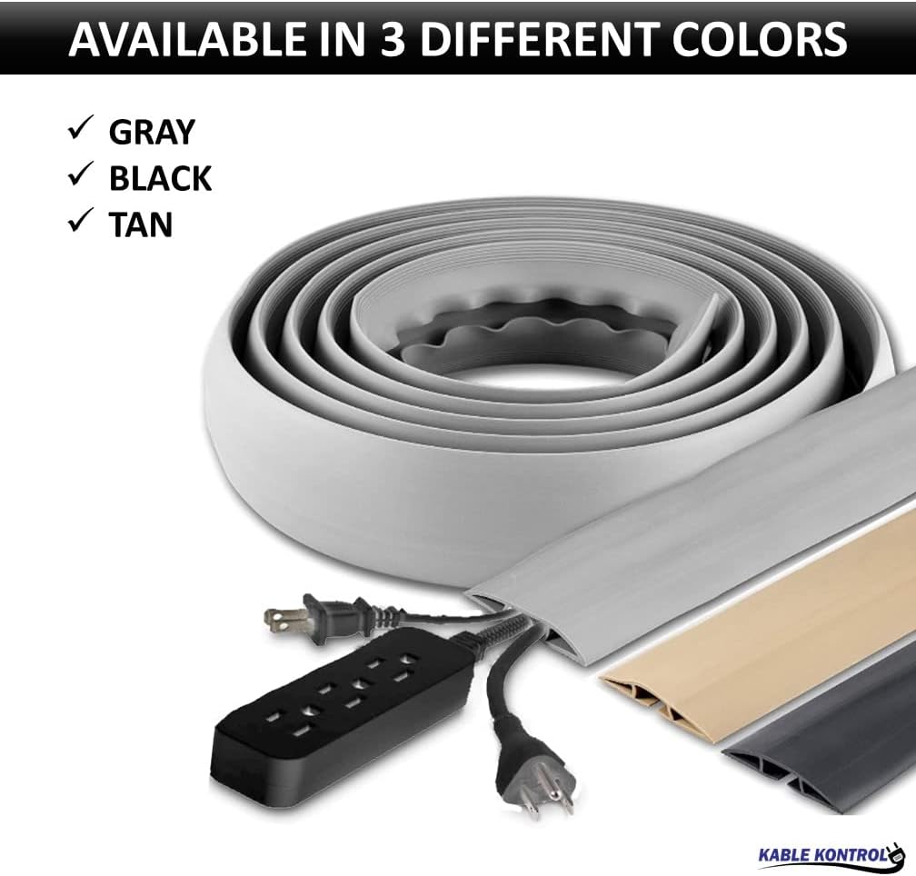 Kable Kontrol Floor Cord Cover kit - 15 Feet Long Black Plastic Cable Protector, Hides Cords and Conceals Wires, for Extension Cord Cable Management, Channel Size 0.75” W x 0.43” H