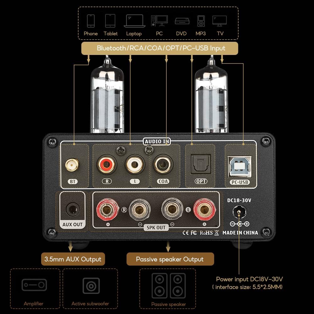 AIYIMA T9 100W*2 Bluetooth Stereo Amplifier Class D Amp 2.0/2.1 Channel Tube Power Amp with PC-USB DAC Coaxial Optical inputs &VU Meter & Bass Treble Tone Control for Home Stereo Speakers