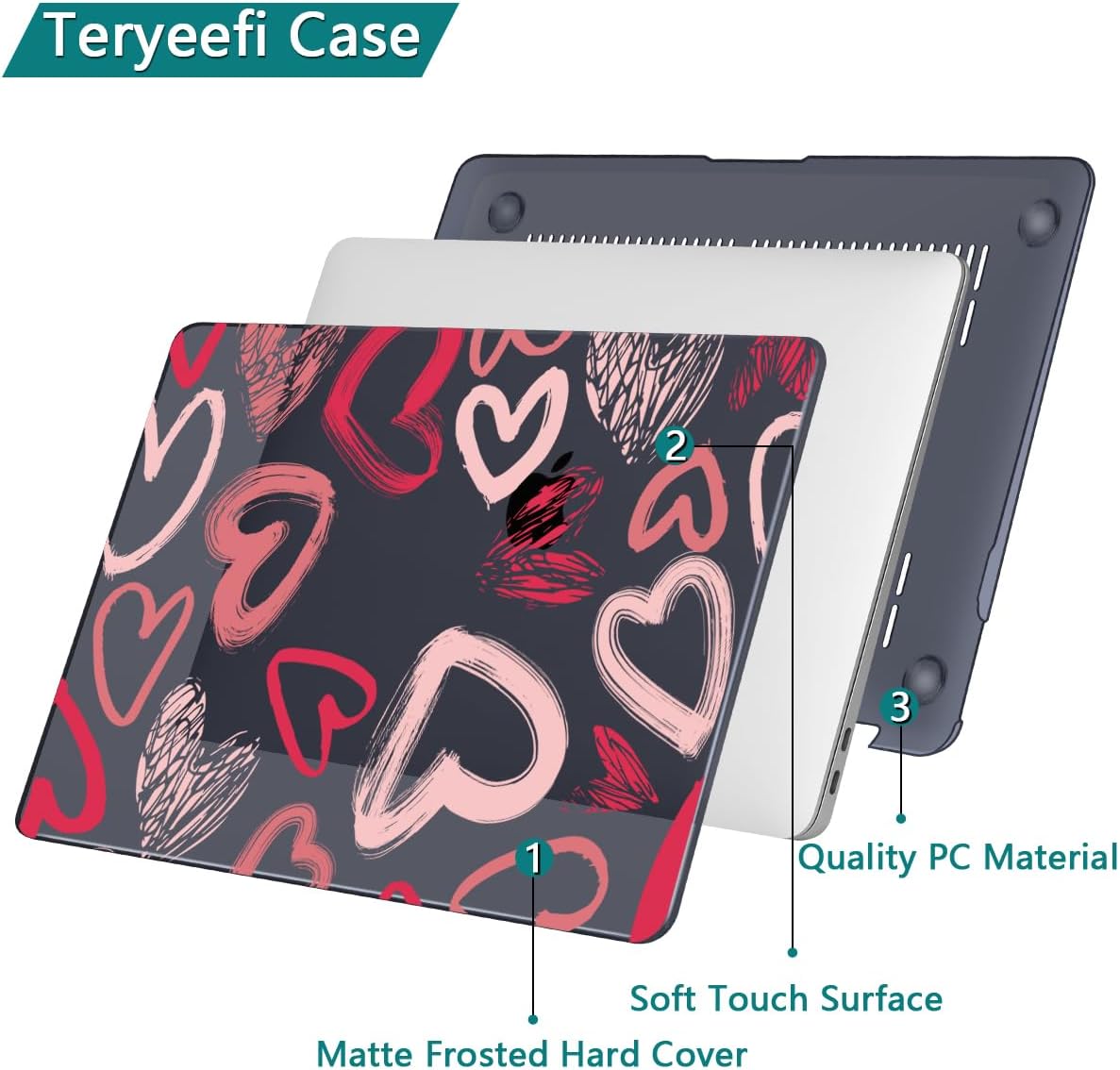 Teryeefi for MacBook Air 13 inch Case M1 A2337 A2179 A1932 (2020 2019 2018 Releaes) with Retina Display with Touch ID, PC Plastic Hard Shell & Keyboard Cover & Screen Protector, Heart A002
