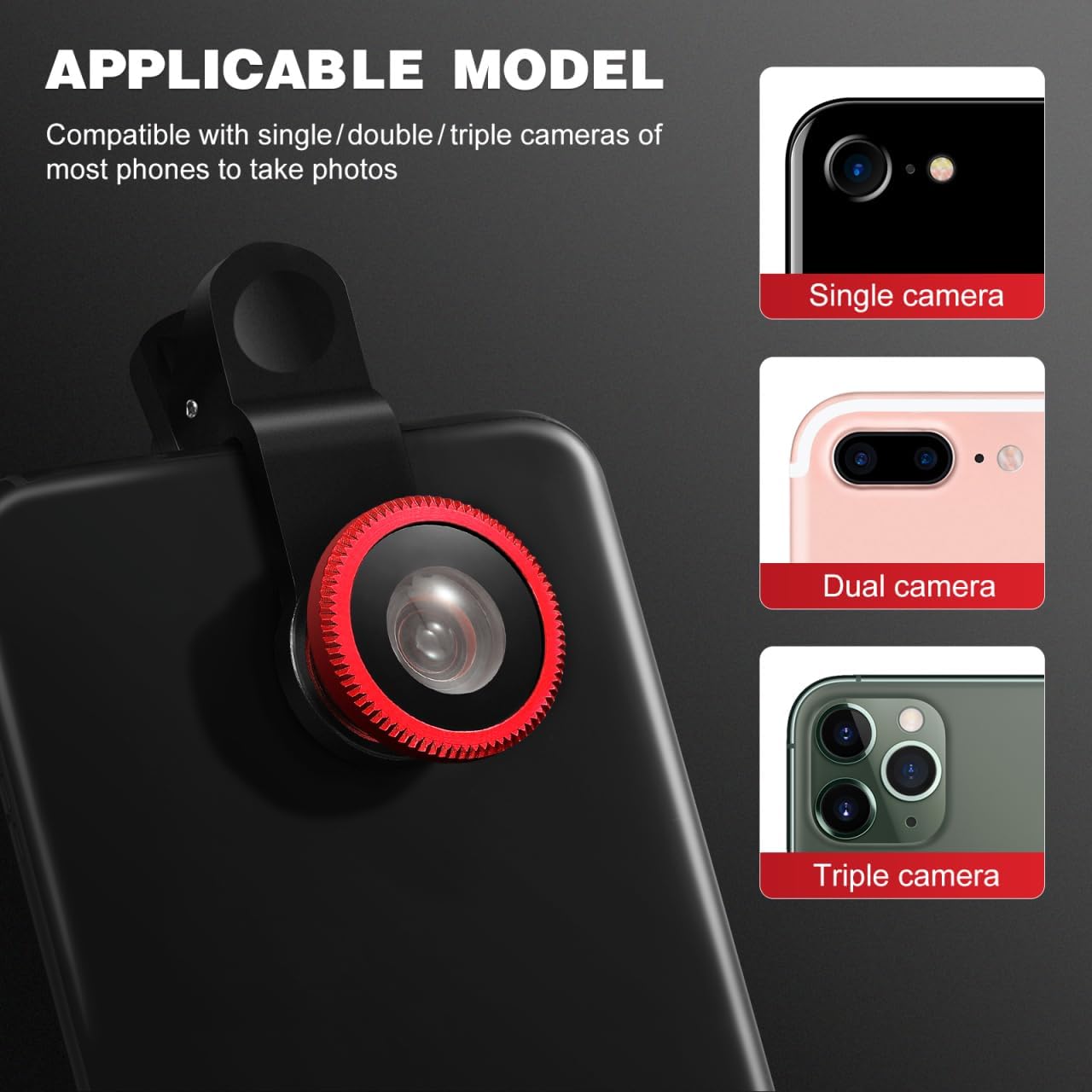 External Lens for Mobile Phone 3-in-1 Fisheye Macro Wide Angle Lens with Clip Aluminum Alloy Compatible with iPhone and Smartphones