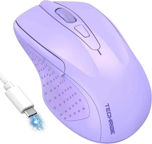 Bluetooth Mouse (BT5.0/3.0 & 2.4G) Rechargeable Wireless Mouse, 4800 DPI Optical Tracking, 6 Adjustable DPI, 2.4GHz with USB A Receiver, Quiet Clicks, Ergonomic Grips, 6 Buttons - Lavender