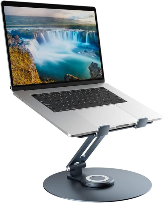 Swivel Laptop Stand for Desk, Adjustable Height Aluminum Computer Stand with 360 Rotating Base, Foldable Ergonomic Riser, Portable Laptop Holder Compatible with MacBook, All Laptops 10-17'', Grey