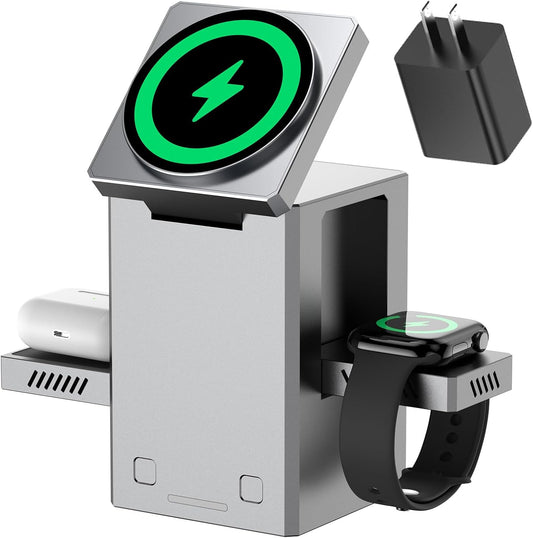 25W 3 in 1 Charging Station for Apple Devices,Auto Open/Close Mag-Safe Wireless Charging Stand Cube,Travel Wireless Charger Dock for iPhone 16/15/14Series & Apple Watch & AirPods (Metal Gray)