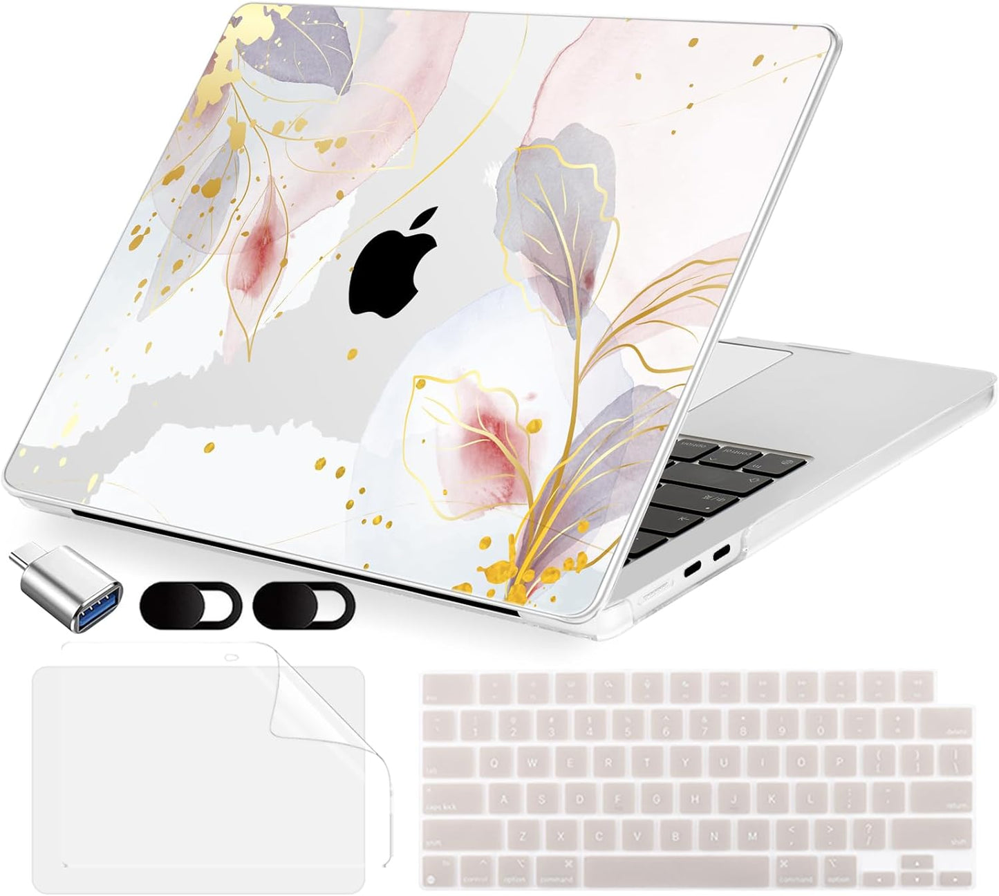 Compatible with MacBook Air 15 inch Case, M4 A3241/M3 A3114/M2 A2941 (Released 2025 to 2023), Hard Shell, Keyboard Cover, Screen Protector, Webcam Cover & Type-C Adapter, Vector Flower