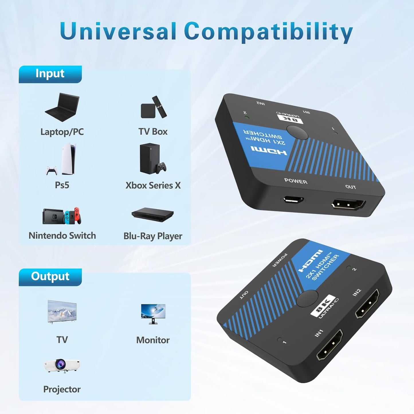 8K HDMI Switch 2 in 1 Out 4K@120Hz HDMI Switcher Support HDR10+, Dolby Vision, VRR, ALLM